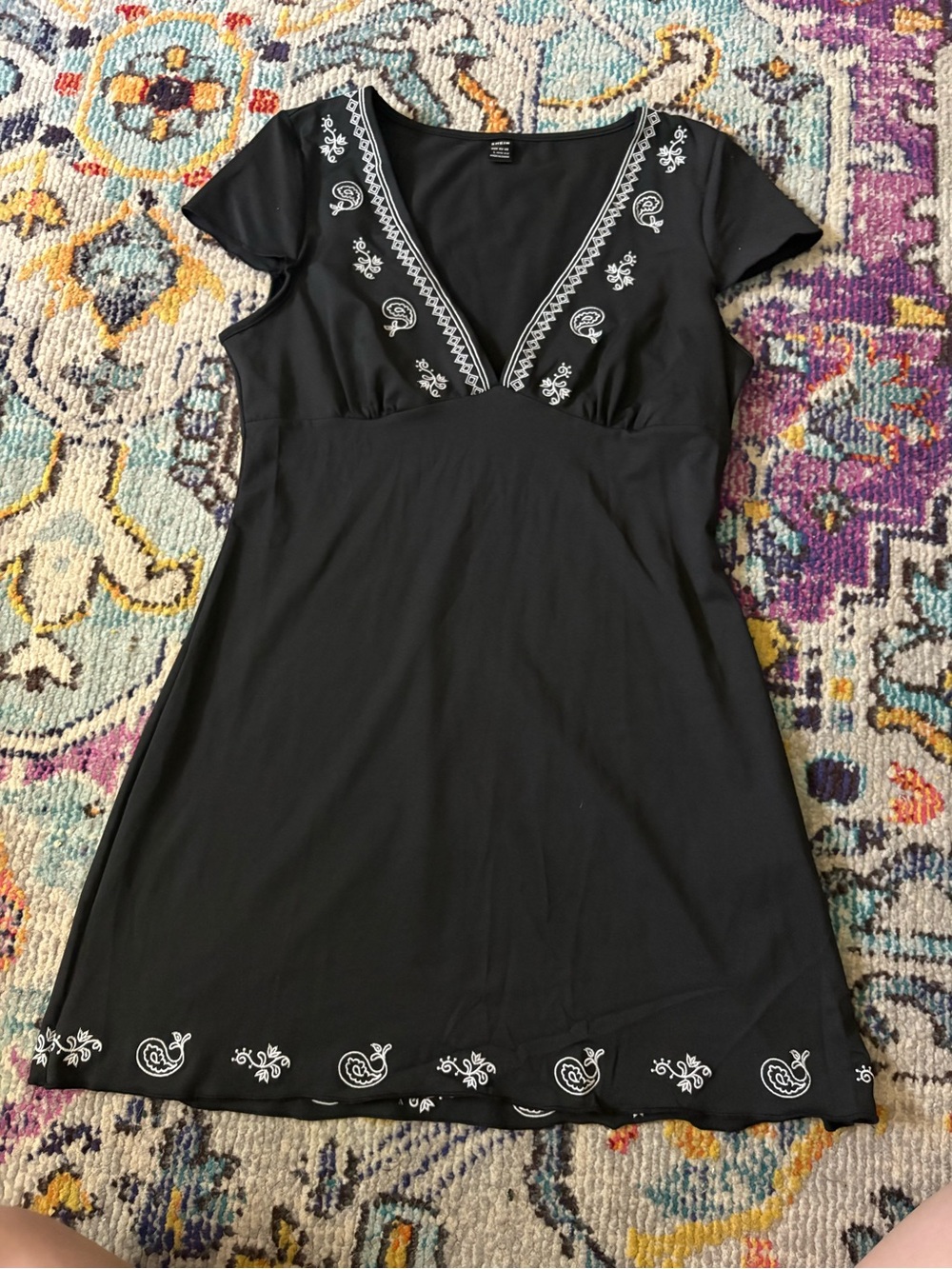 SHEIN Black Mini Dress with White Embroidered Trim